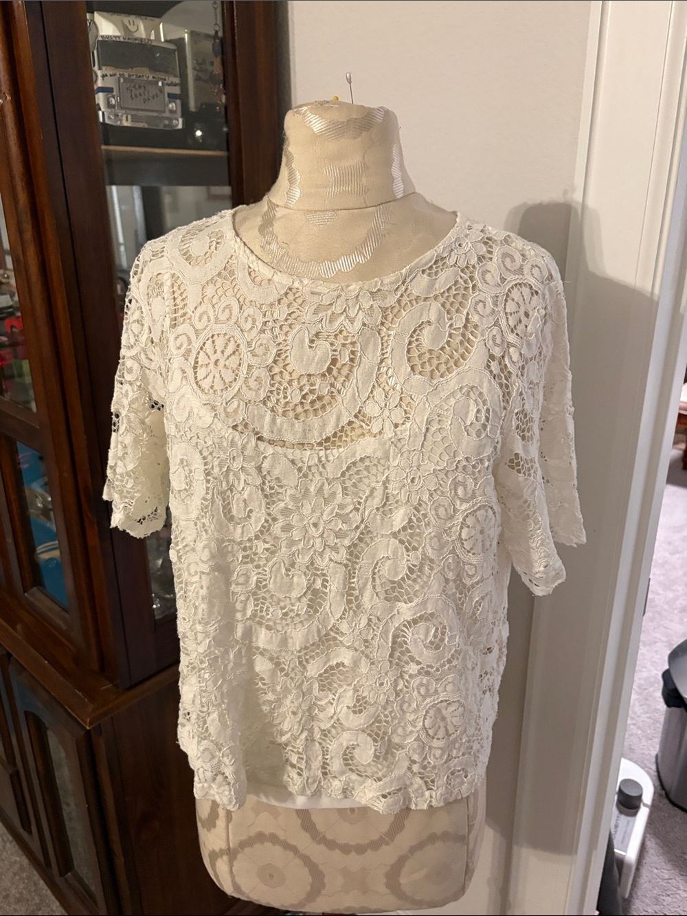Nanette Lepore Ivory Lace Overlay Short Sleeve Top